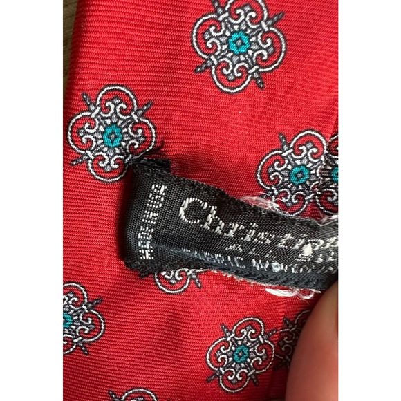Christian Dior Red Silk Tie Geometric Diamond Pattern Woven Italy Made USA 3.5" - Picture 6 of 7